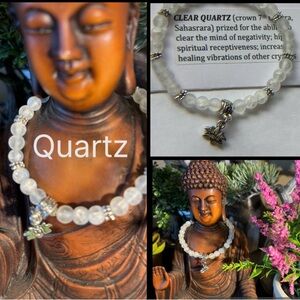 Clear Quartz Genuine, Yogi Collection Beaded Bracelet with Lotus Charm